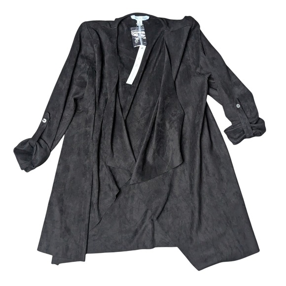 NWT She + Sky Black Open Drape Faux Suede Boho Cardigan Jacket Women's Small‎ - Picture 1 of 6